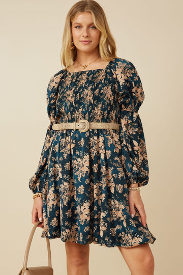 HY7667W Teal Plus Floral Peasant Sleeve Square Neck Dress Side
